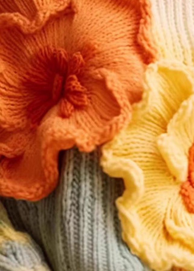Unique Apricot Floral Cozy Cotton Knit Sweaters Long Sleeve