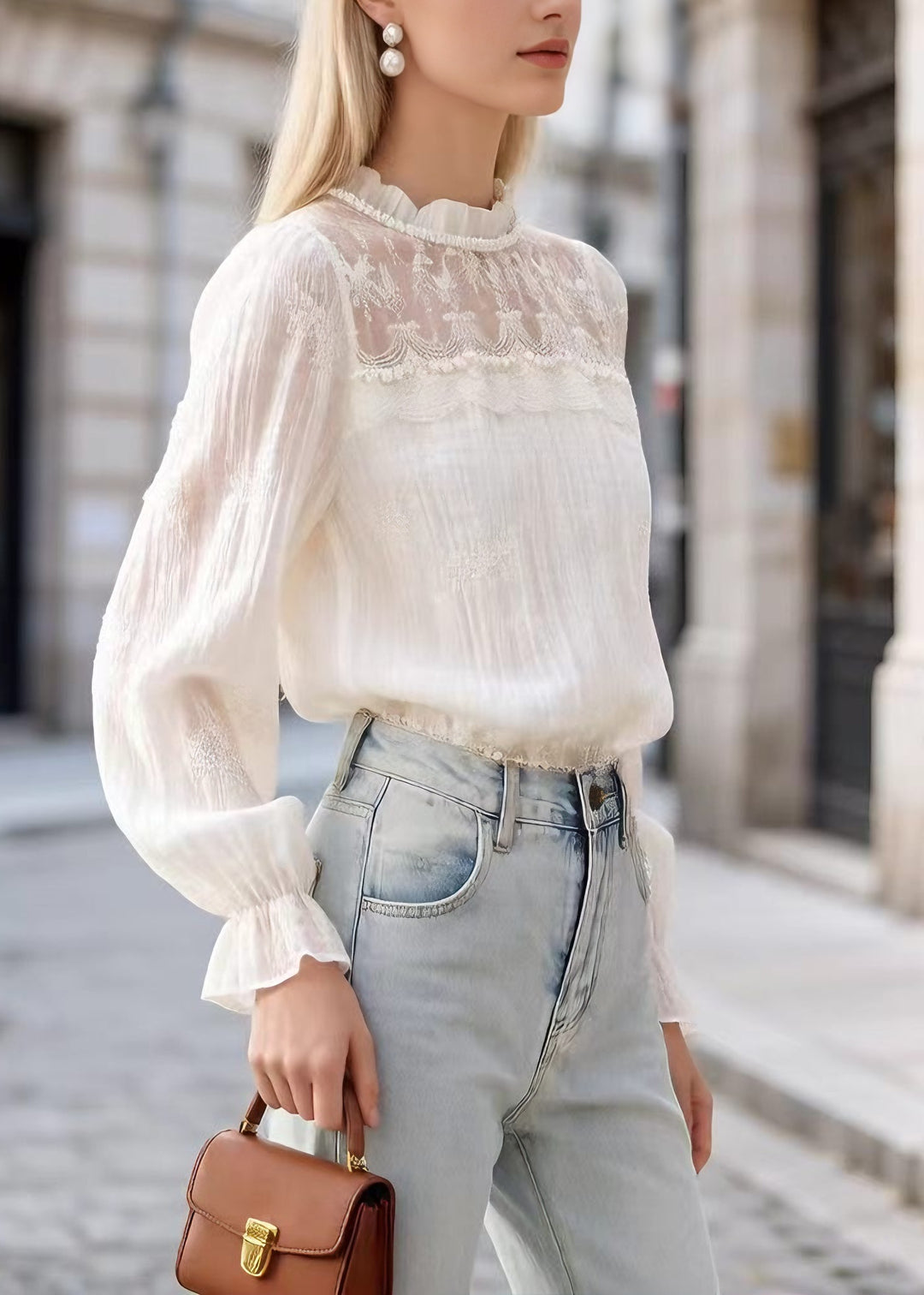 Unique Apricot Lace Nail Bead Patchwork Cotton Blouses Flare Sleeve