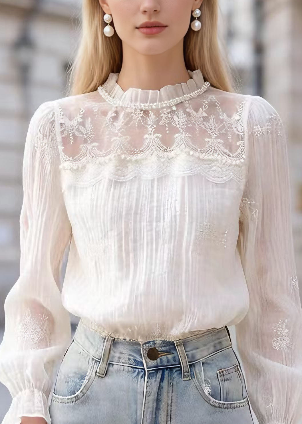 Unique Apricot Lace Nail Bead Patchwork Cotton Blouses Flare Sleeve
