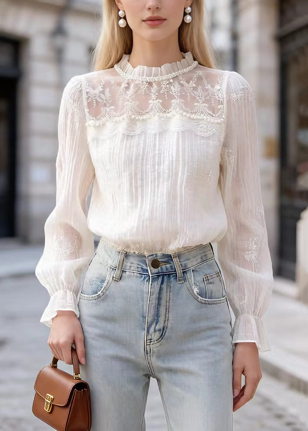 Unique Apricot Lace Nail Bead Patchwork Cotton Blouses Flare Sleeve