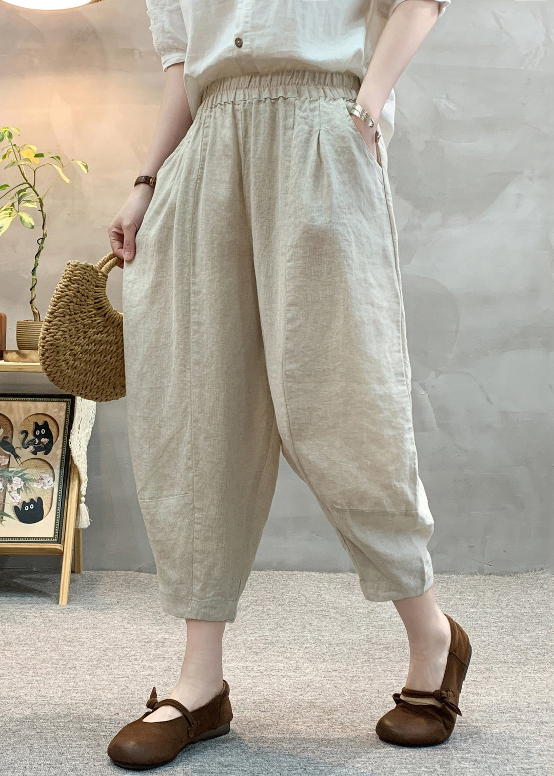 Unique Apricot Oversized Linen Crop Pants Summer