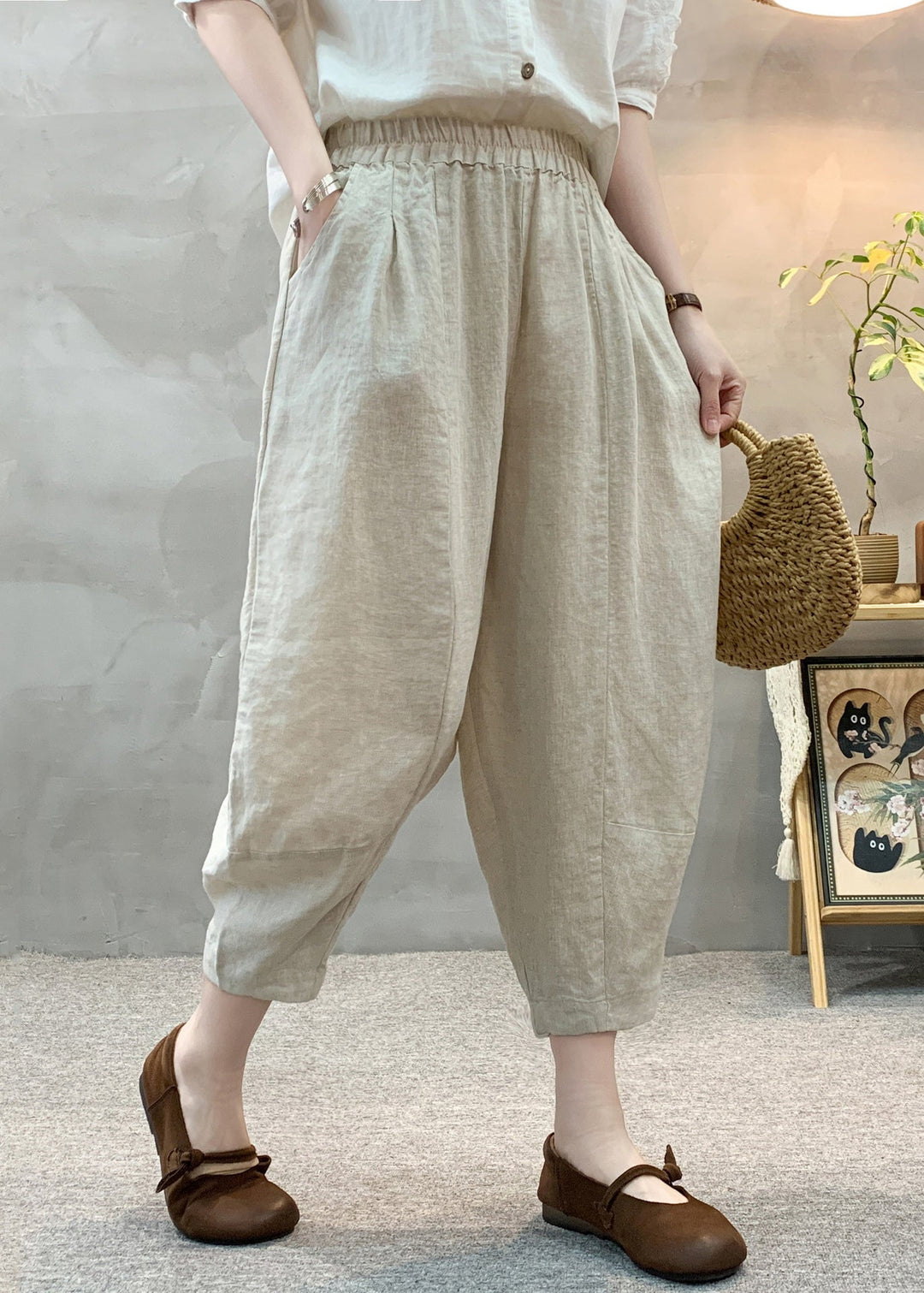 Unique Apricot Oversized Linen Crop Pants Summer