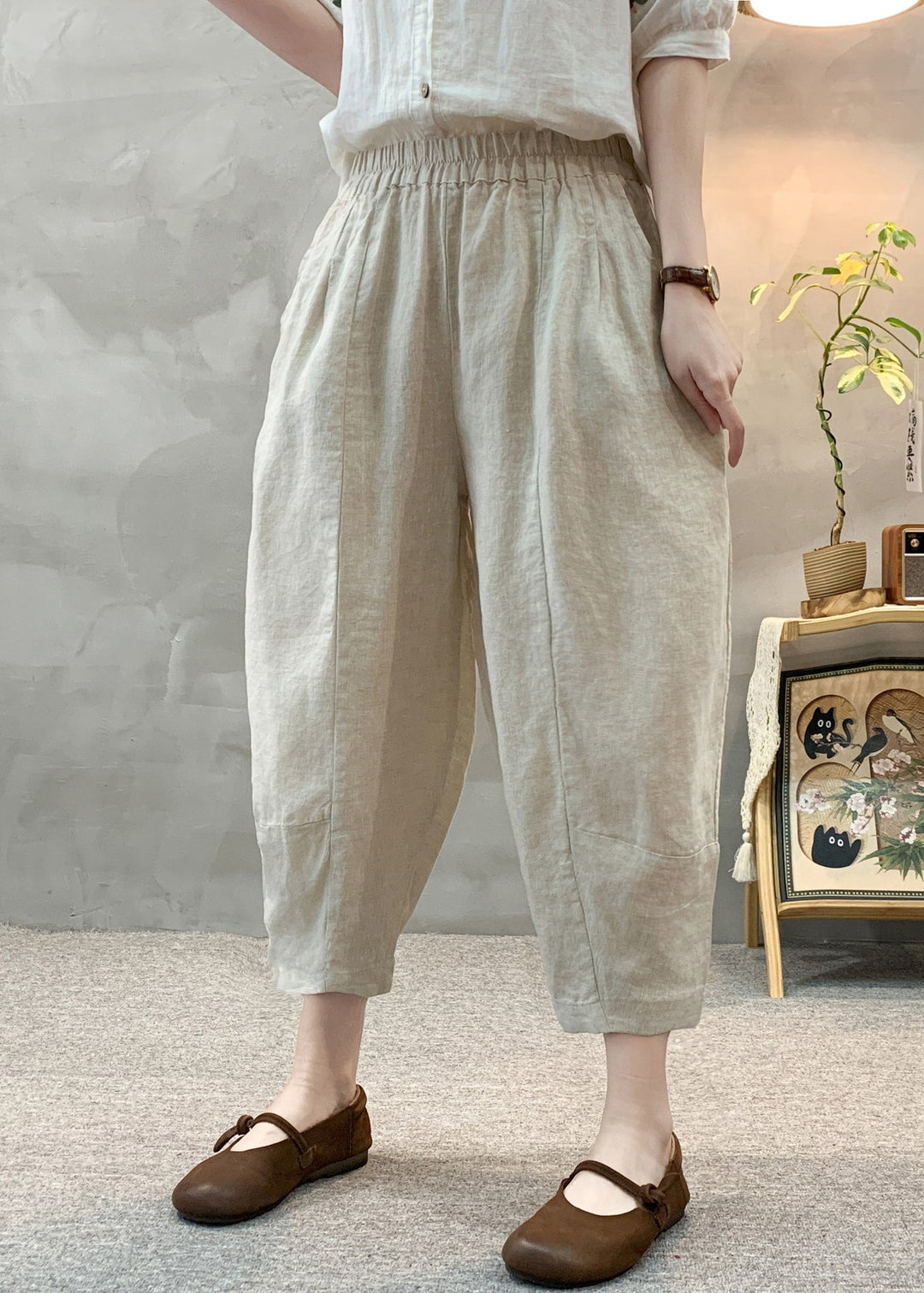 Unique Apricot Oversized Linen Crop Pants Summer