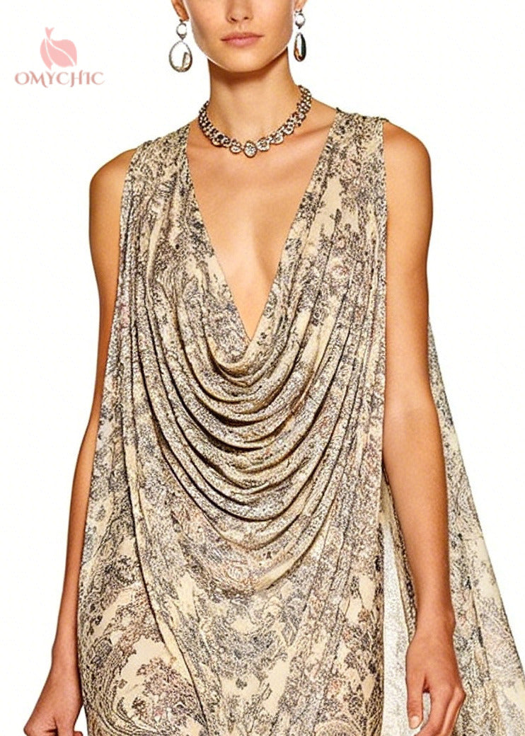 Unique Apricot Turtle Neck Print Chiffon Holiday Dress Sleeveless