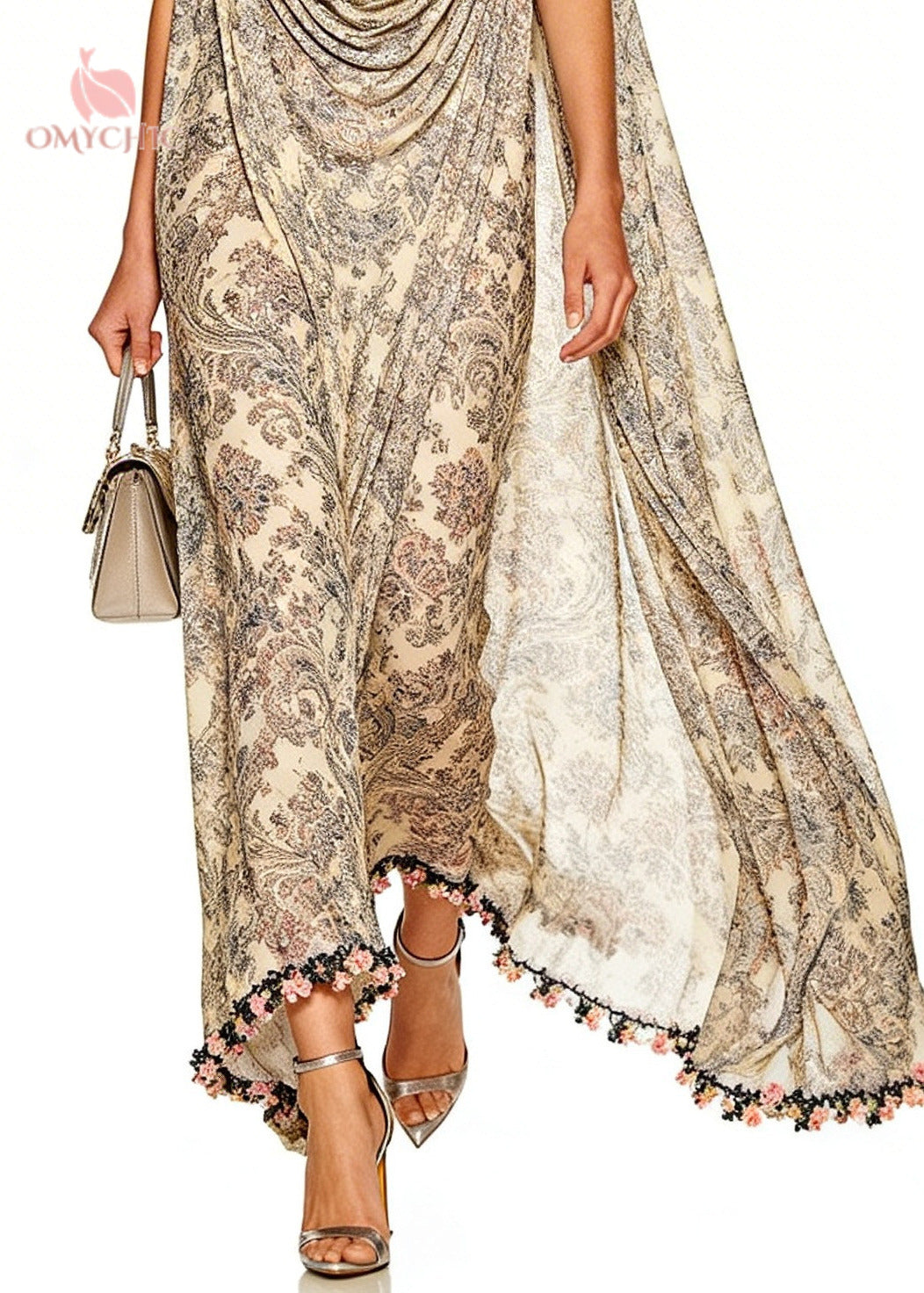 Unique Apricot Turtle Neck Print Chiffon Holiday Dress Sleeveless