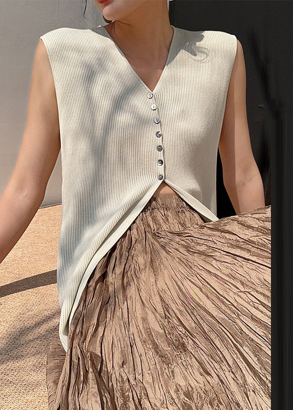 Unique Apricot V Neck Button Silk Tops Summer