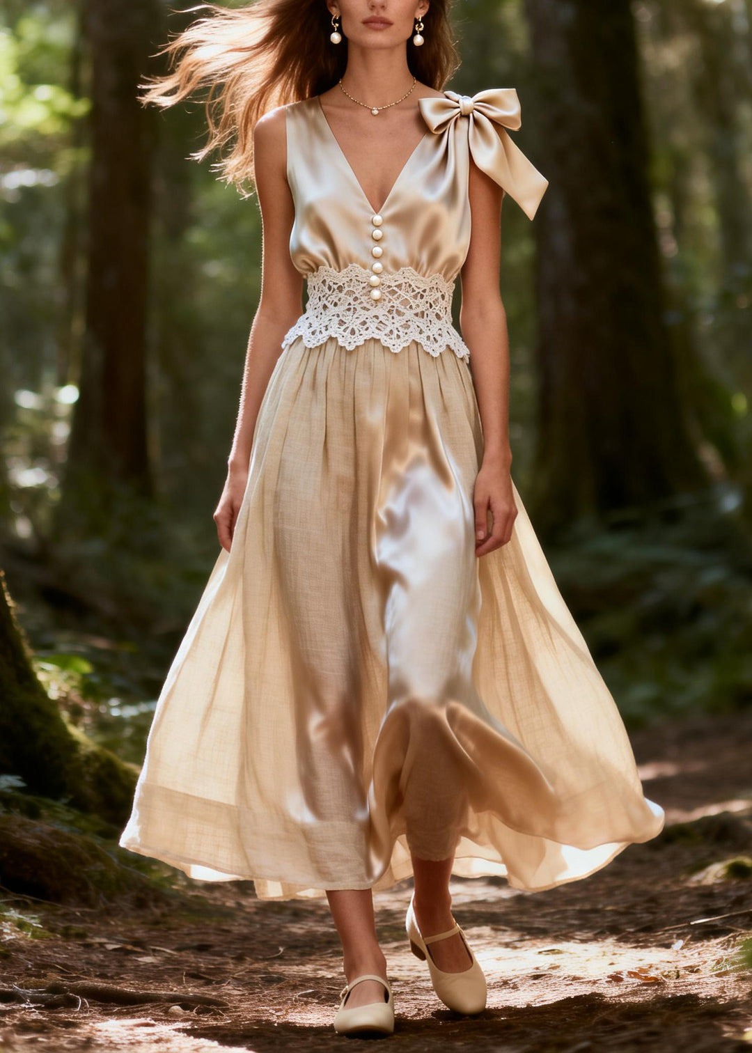 Unique Apricot V Neck Patchwork Bow Silk Vacation Dress Summer