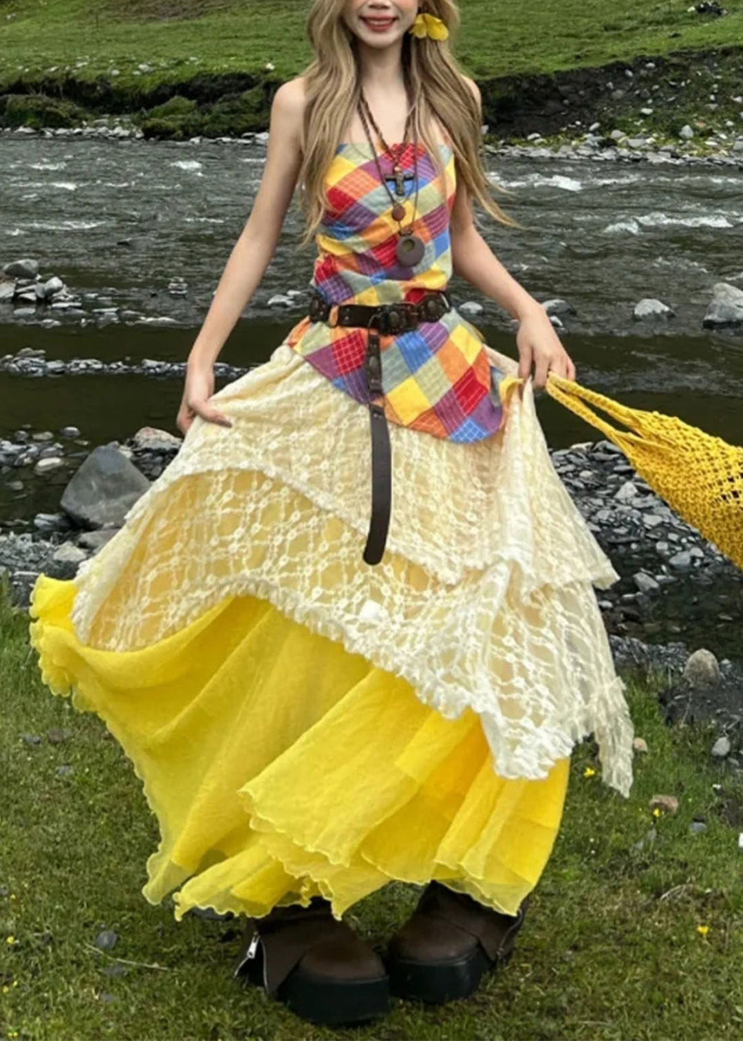 Unique Asymmetrical Patchwork Cotton Two Piece Set Women Clothing Summer