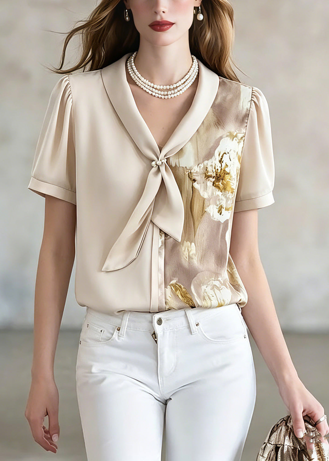 Unique Beige Bow Print Asymmetrical Chiffon Shirt Short Sleeve
