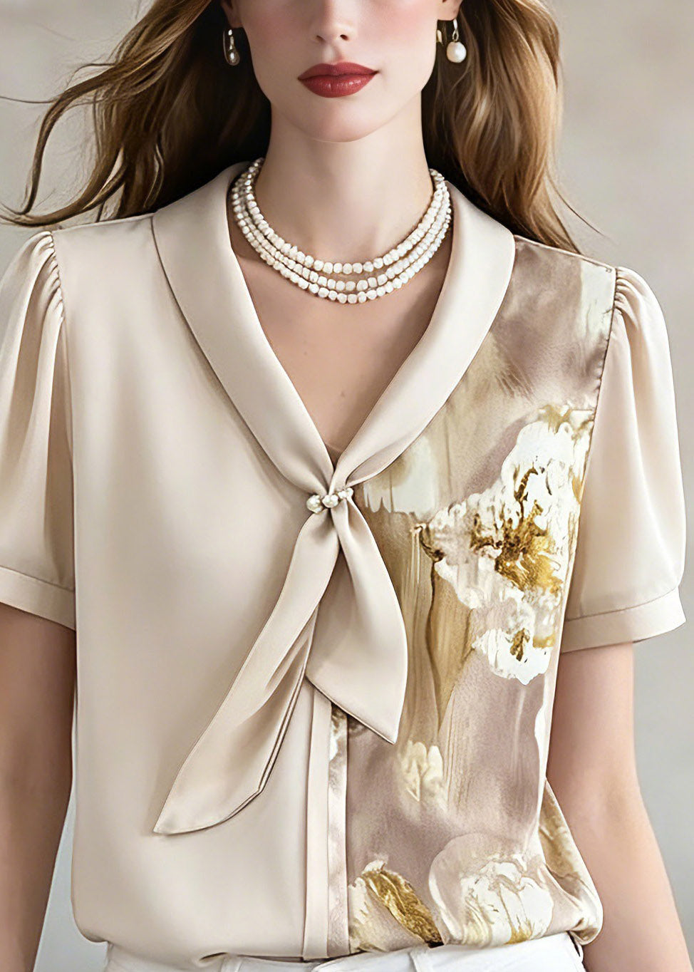 Unique Beige Bow Print Asymmetrical Chiffon Shirt Short Sleeve