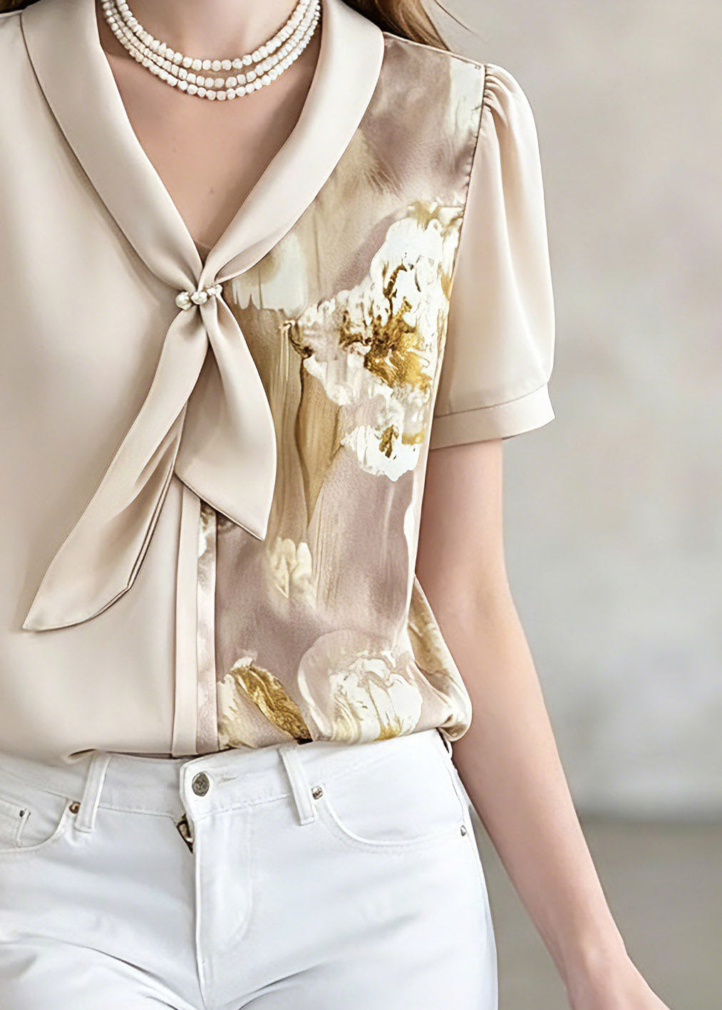 Unique Beige Bow Print Asymmetrical Chiffon Shirt Short Sleeve