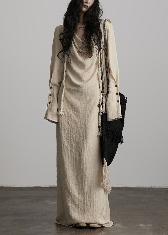 Unique Beige Button Lace Up Cotton Maxi Dress Fall