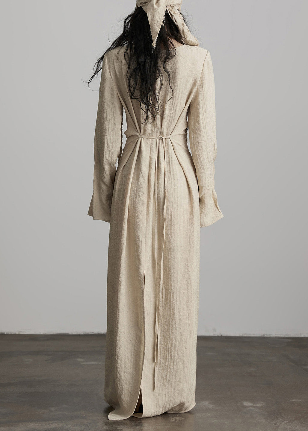 Unique Beige Button Lace Up Cotton Maxi Dress Fall