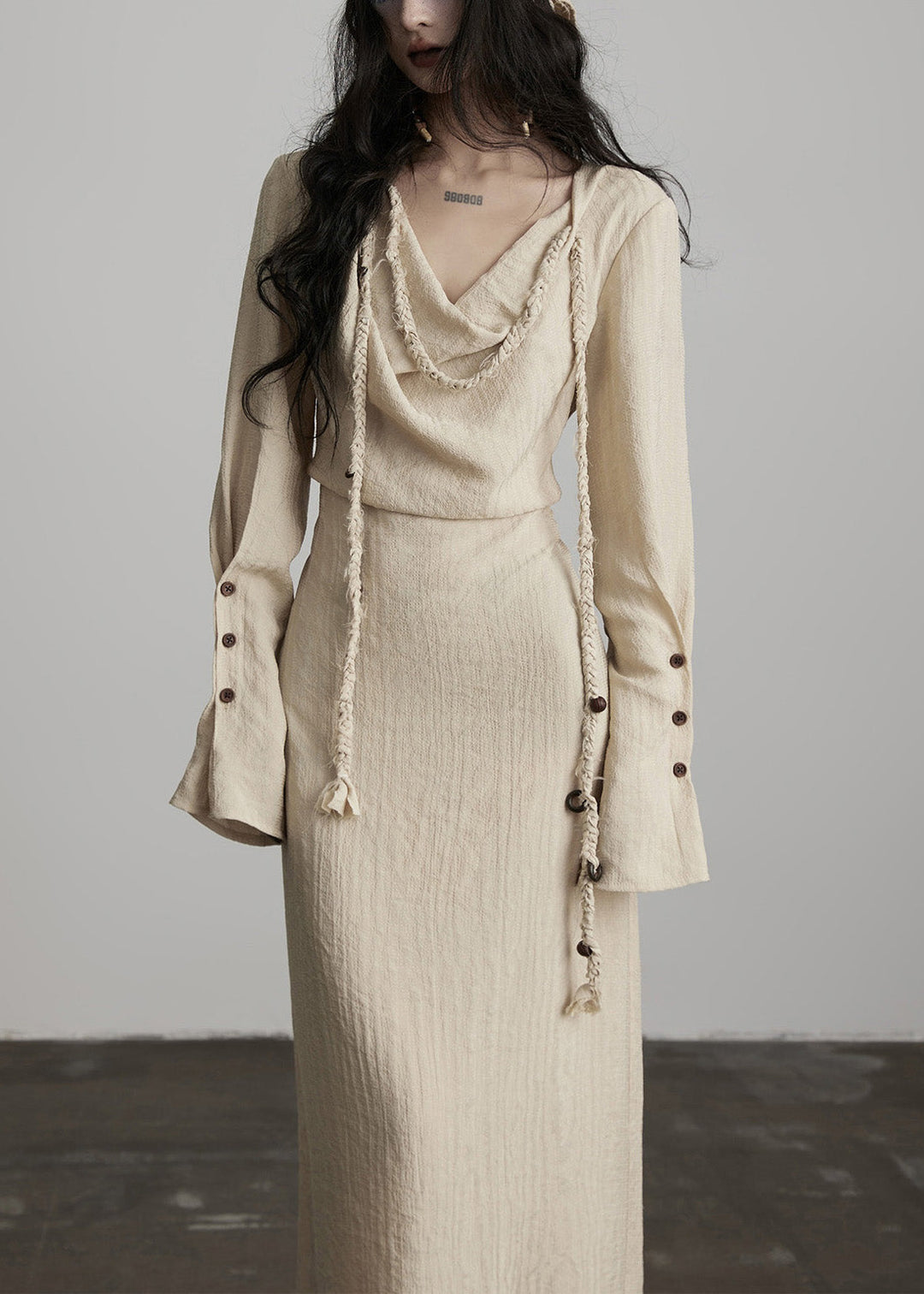 Unique Beige Button Lace Up Cotton Maxi Dress Fall