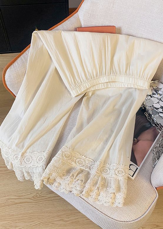 Unique Beige Elastic Waist Patchwork Lace Straight Pants Summer