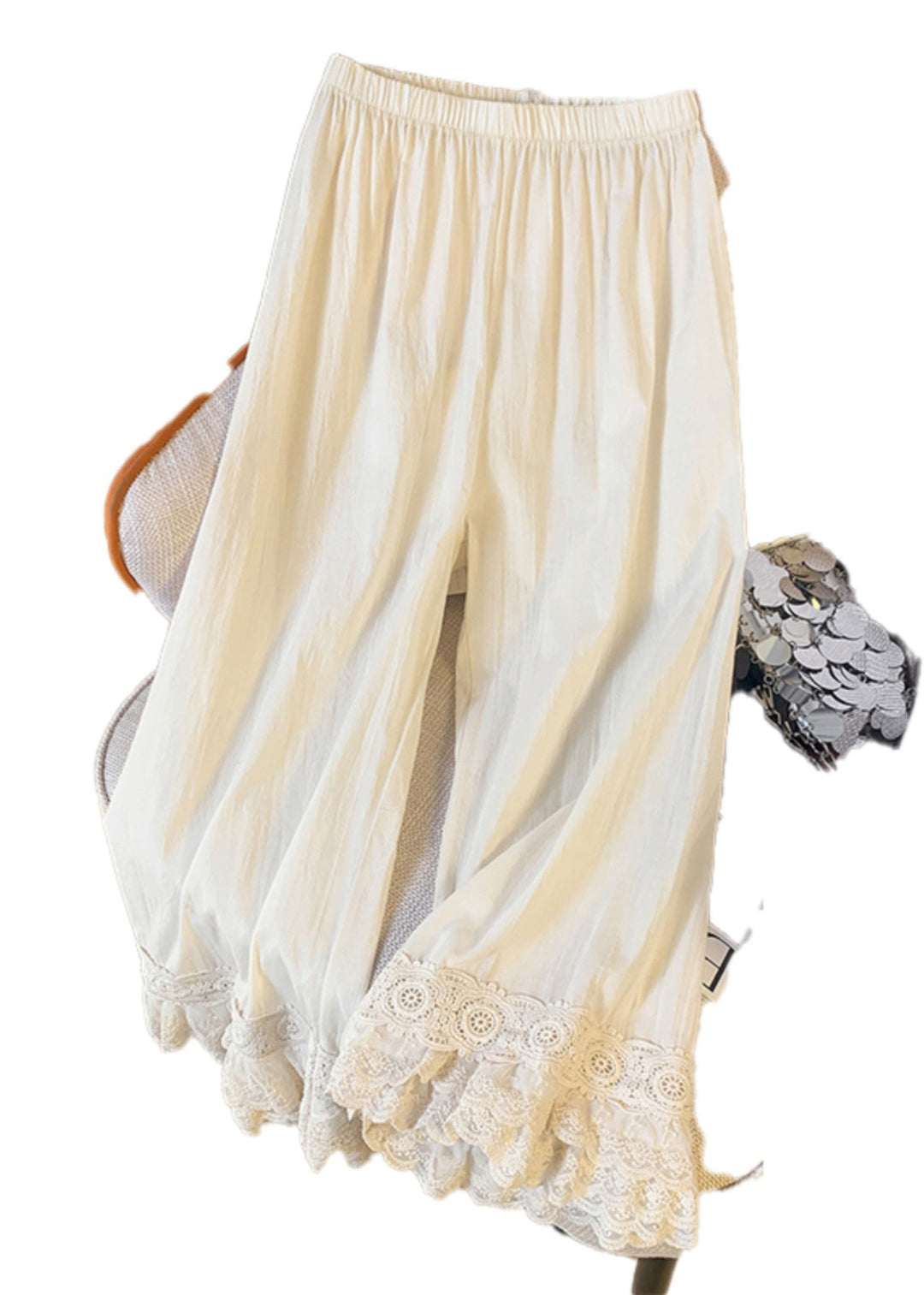 Unique Beige Elastic Waist Patchwork Lace Straight Pants Summer