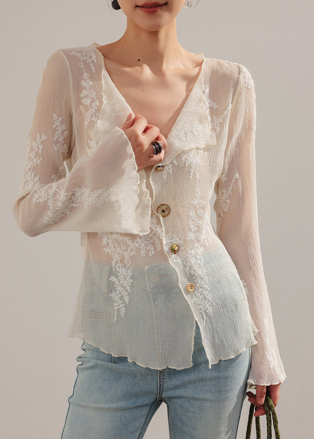 Unique Beige Embroidered Sheer Chiffon Blouse Tops Flare Sleeve