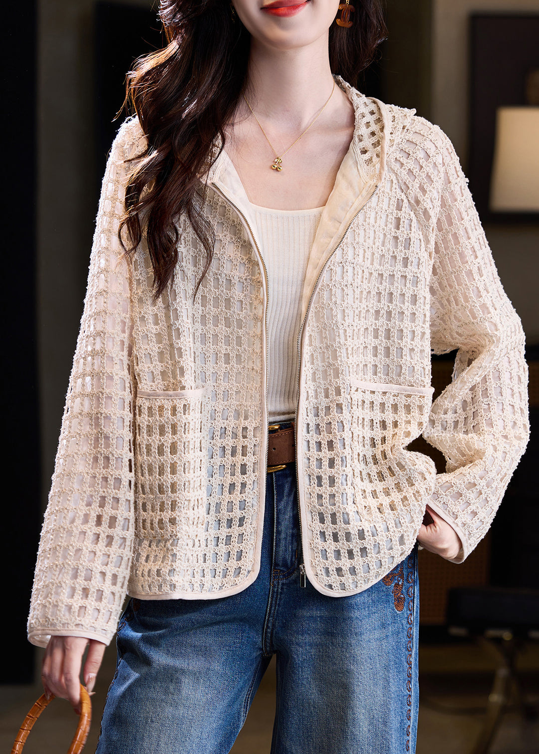 Unique Beige Hooded Hollow Out Knit Coat Fall