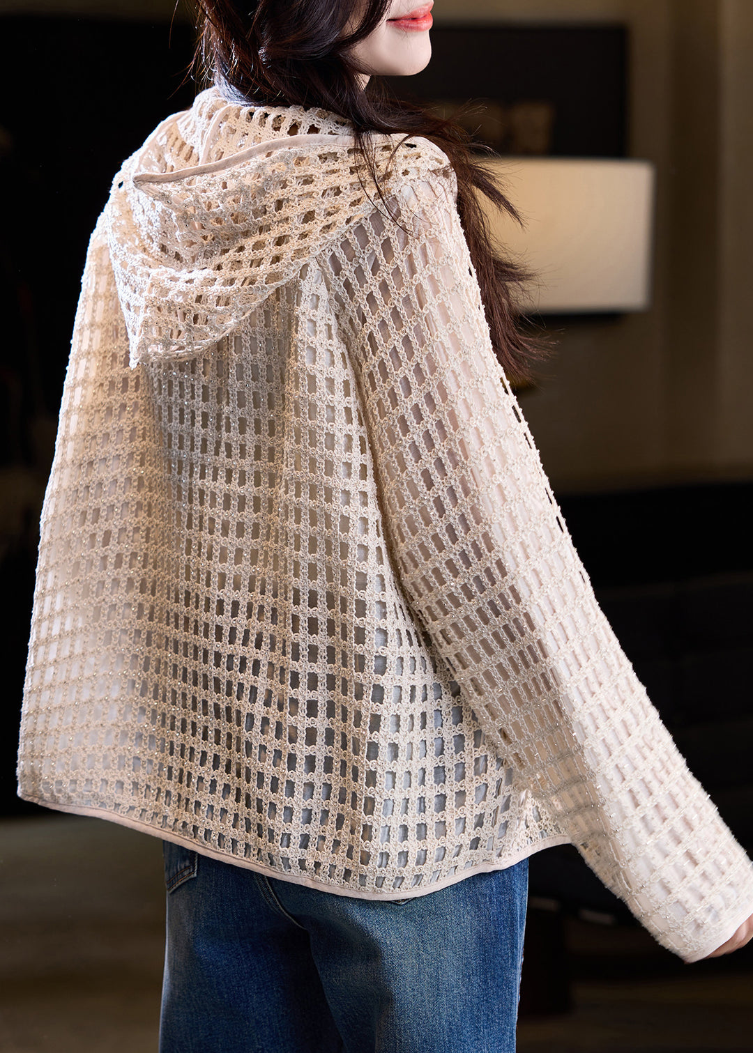 Unique Beige Hooded Hollow Out Knit Coat Fall