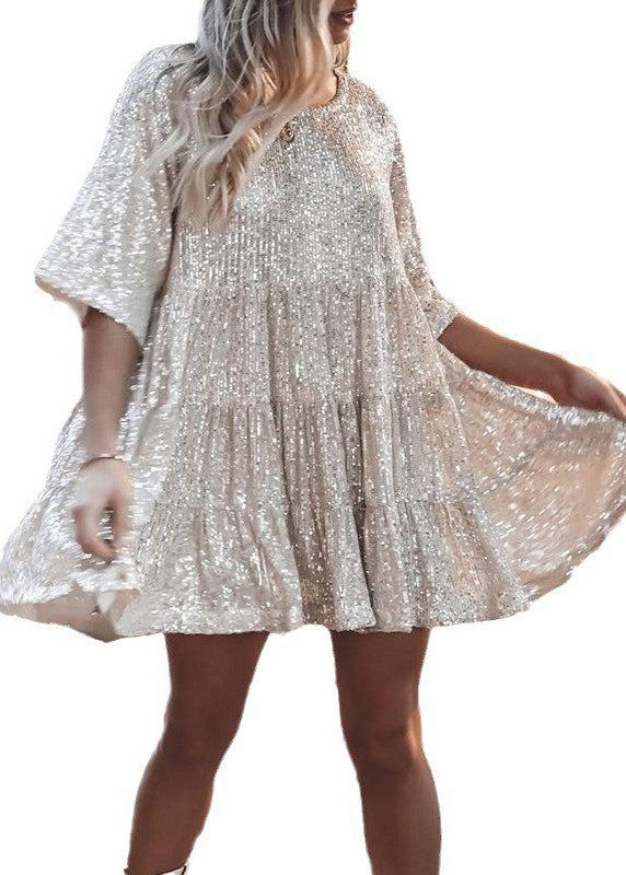 Unique Beige Oversized Sequins Mid Dress Summer