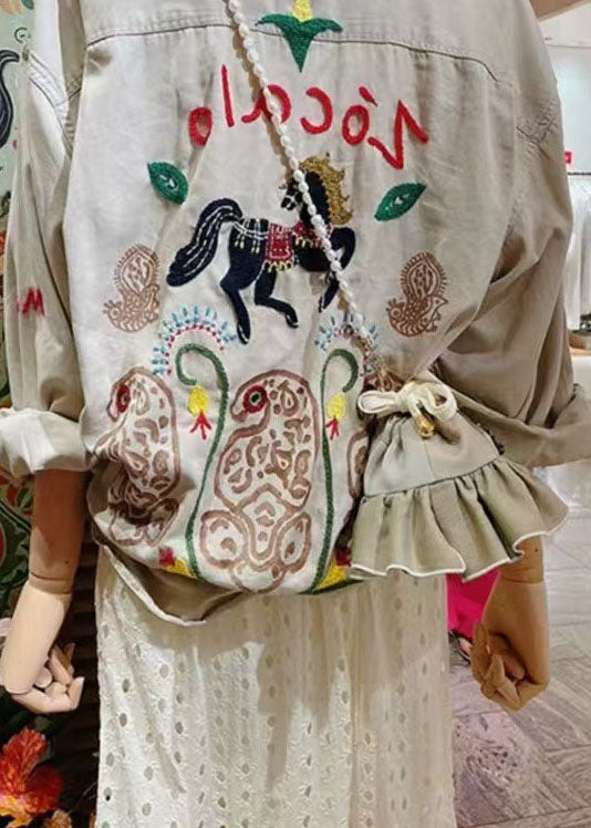 Unique Beige Peter Pan Collar Embroidered Cotton Jacket Spring