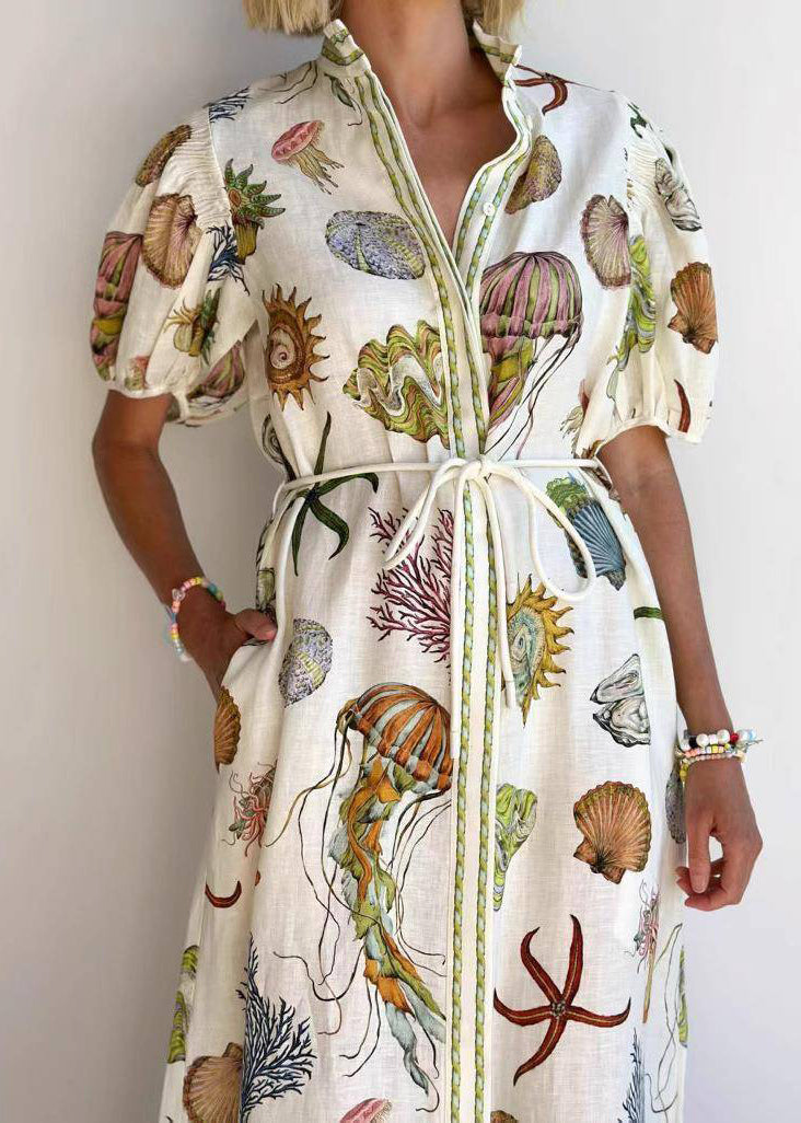 Unique Beige Stand Collar Tie Waist Maxi Dress Summer