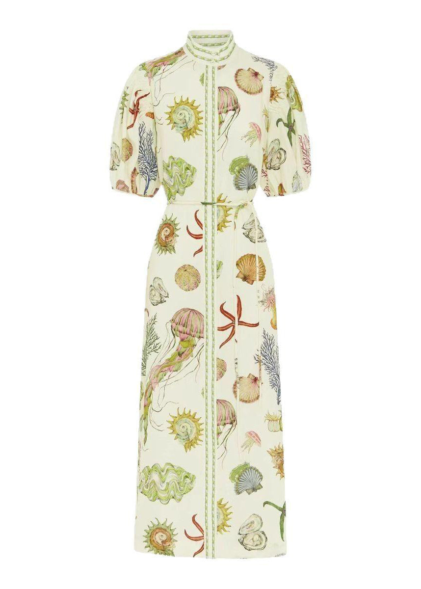 Unique Beige Stand Collar Tie Waist Maxi Dress Summer