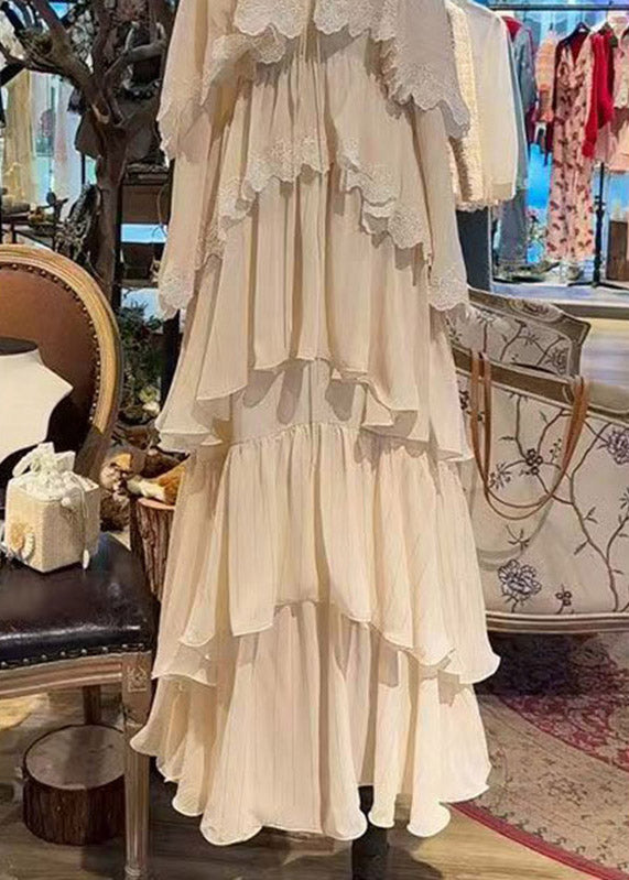 Unique Beige Tie Lace Long Spaghetti Strap Cake Dress Sleeveless