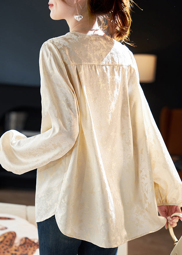 Unique Beige V Neck Jacquard Zircon Chiffon Shirt Top Spring