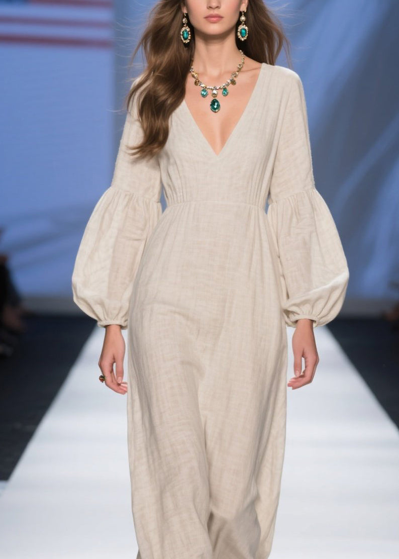 Unique Beige V Neck Patchwork Cotton Long Dresses Fall
