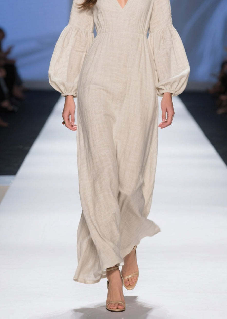 Unique Beige V Neck Patchwork Cotton Long Dresses Fall