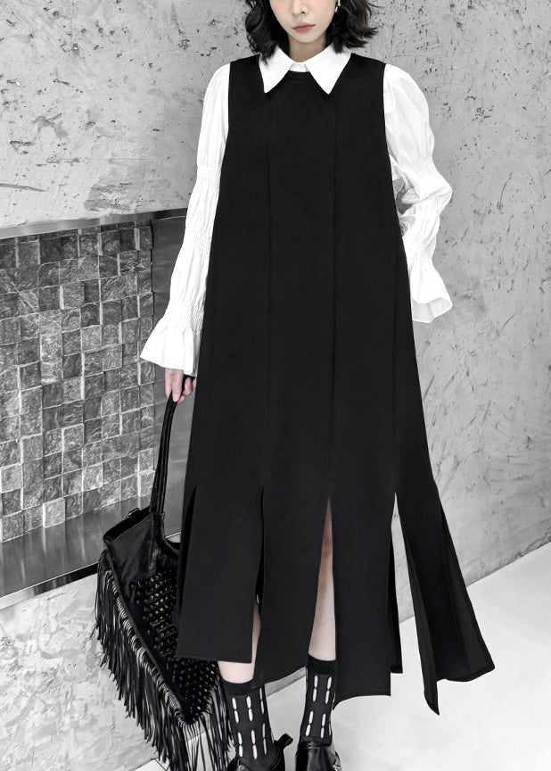 Unique Black Asymmetrical Design Side Open Long Waistcoat Dress Sleeveless