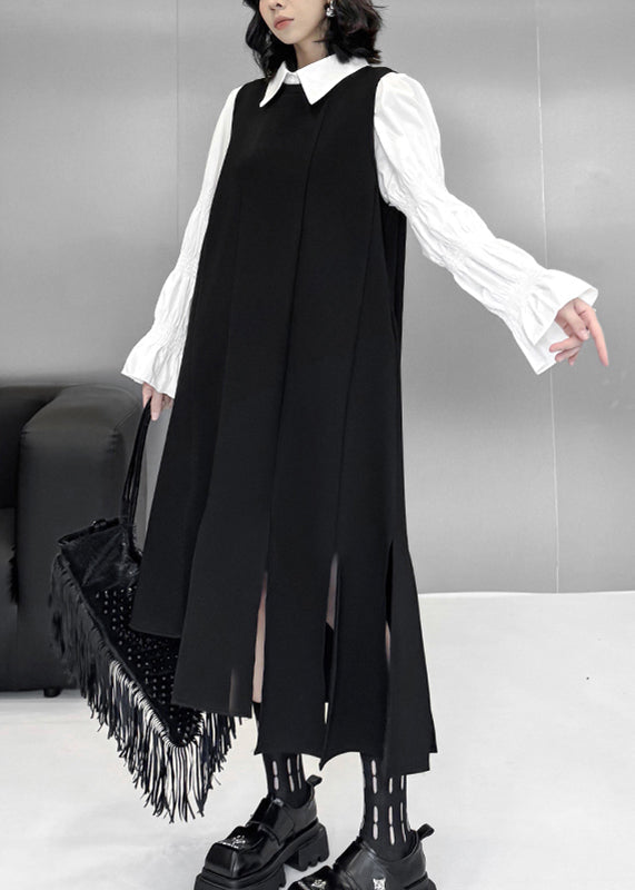 Unique Black Asymmetrical Design Side Open Long Waistcoat Dress Sleeveless