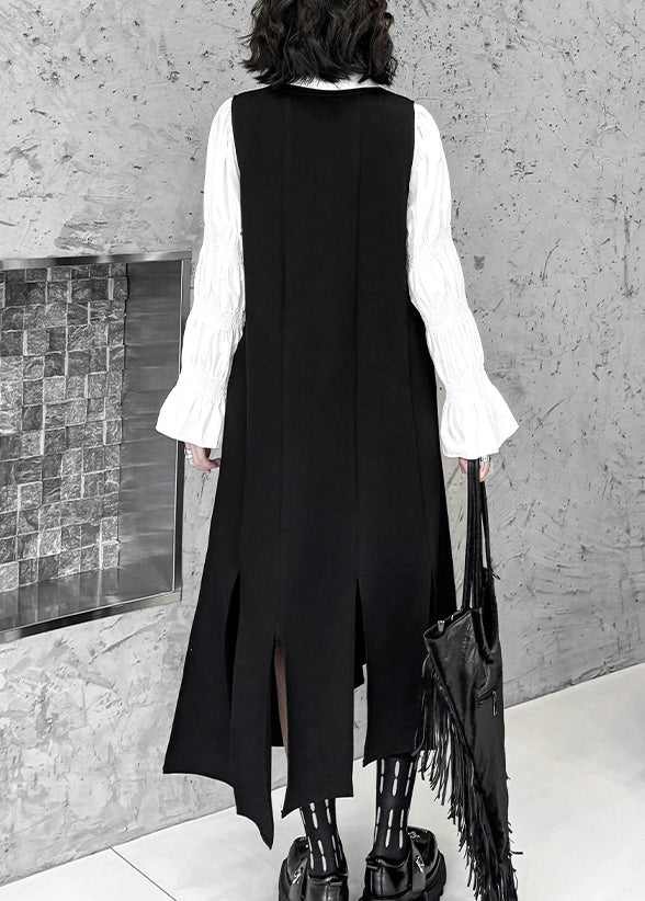 Unique Black Asymmetrical Design Side Open Long Waistcoat Dress Sleeveless