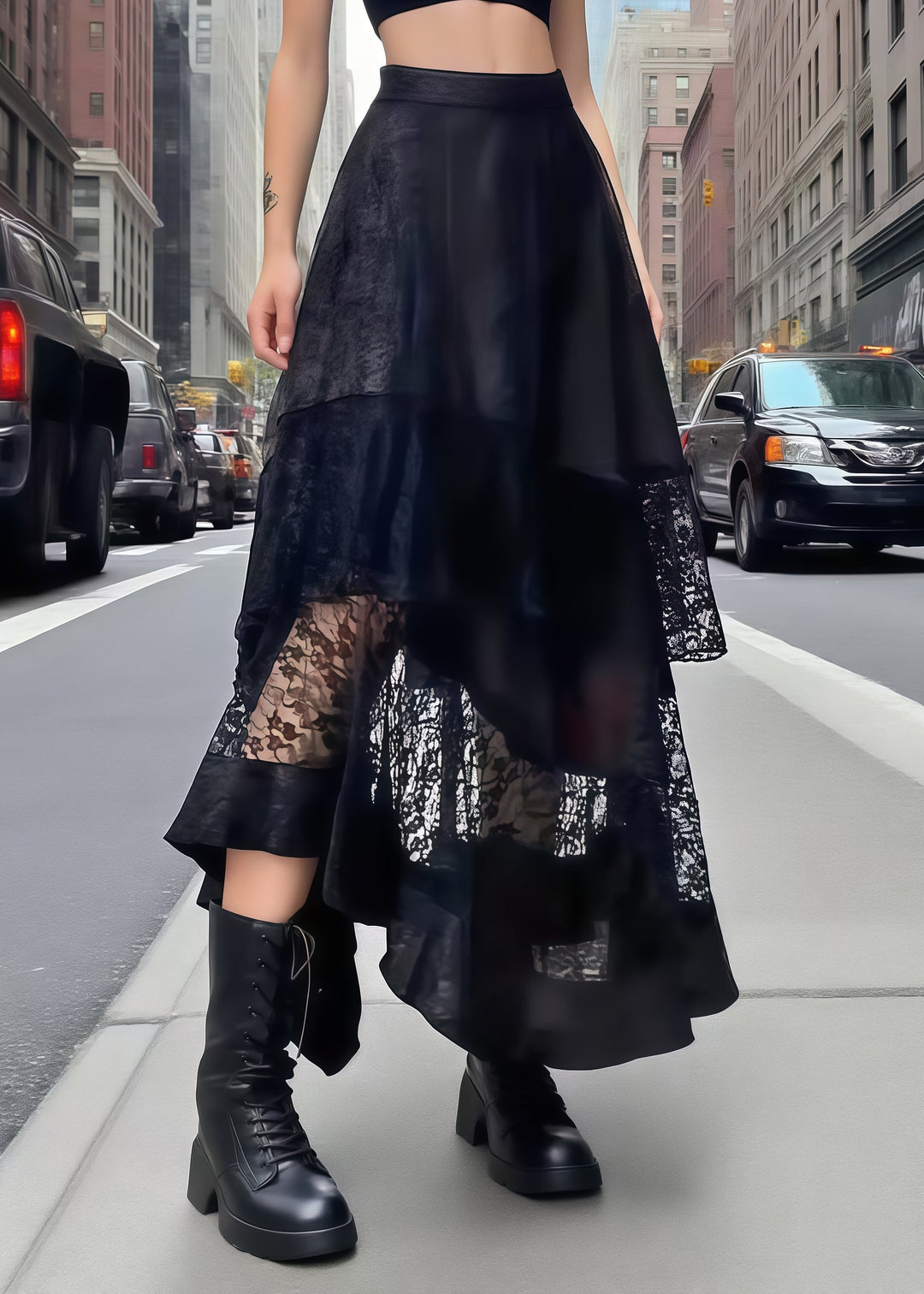 Unique Black Asymmetrical Patchwork Lace Skirts Summer