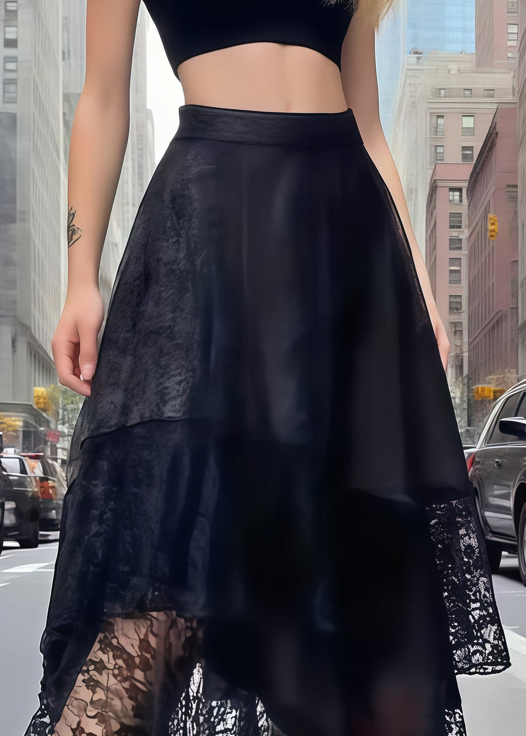 Unique Black Asymmetrical Patchwork Lace Skirts Summer
