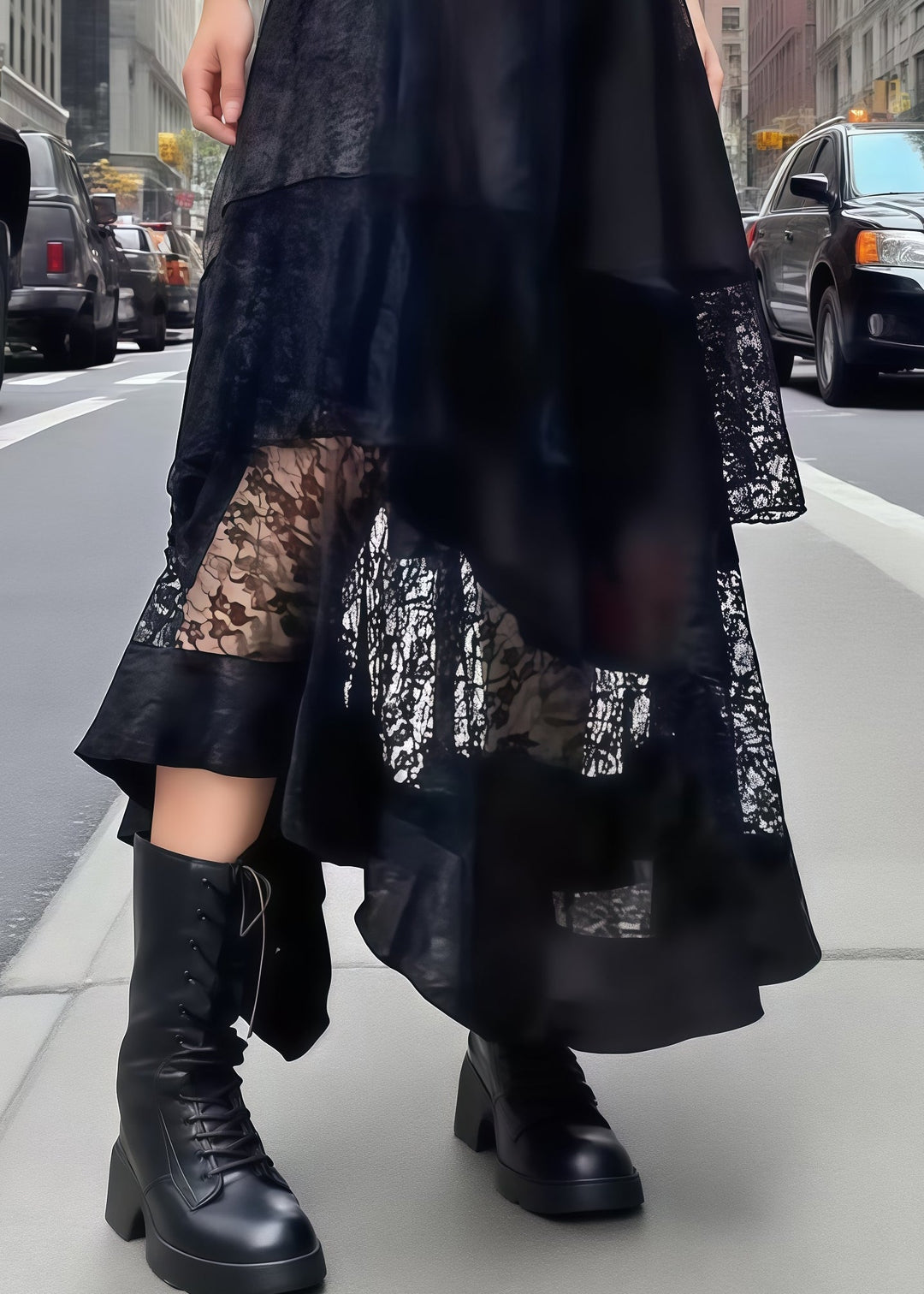Unique Black Asymmetrical Patchwork Lace Skirts Summer
