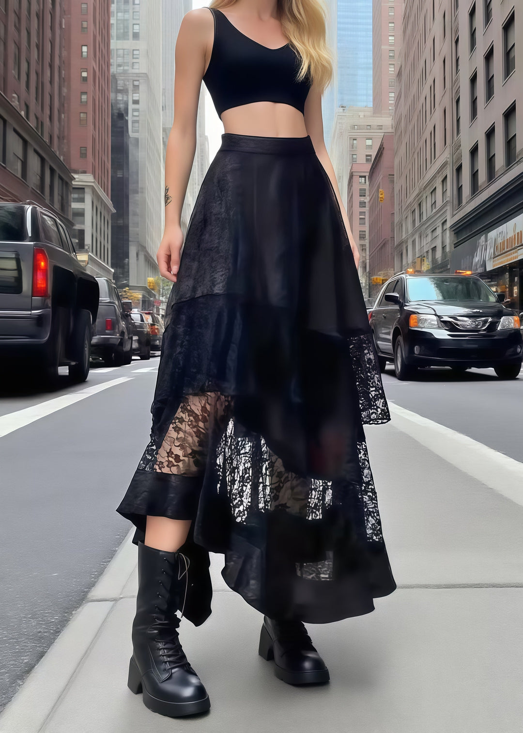 Unique Black Asymmetrical Patchwork Lace Skirts Summer