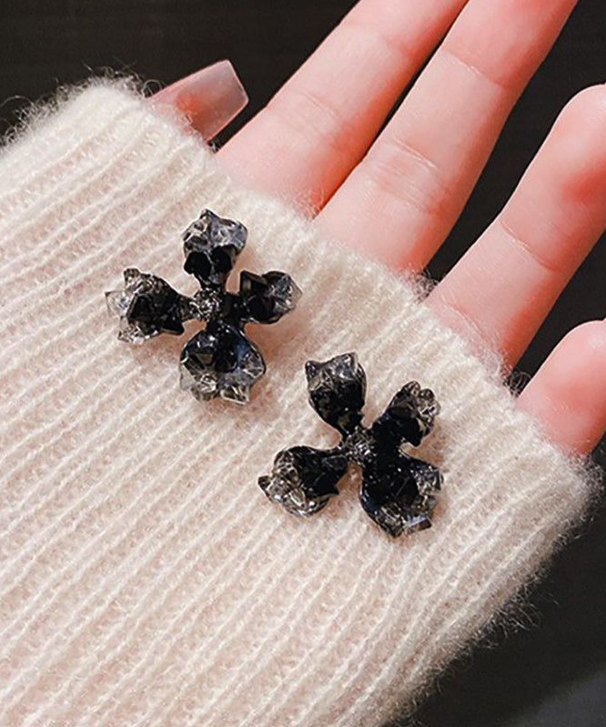 Unique Black Copper Overgild Crystal Floral Stud Earrings