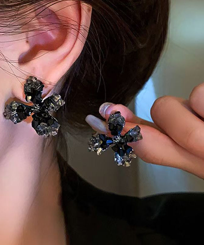 Unique Black Copper Overgild Crystal Floral Stud Earrings