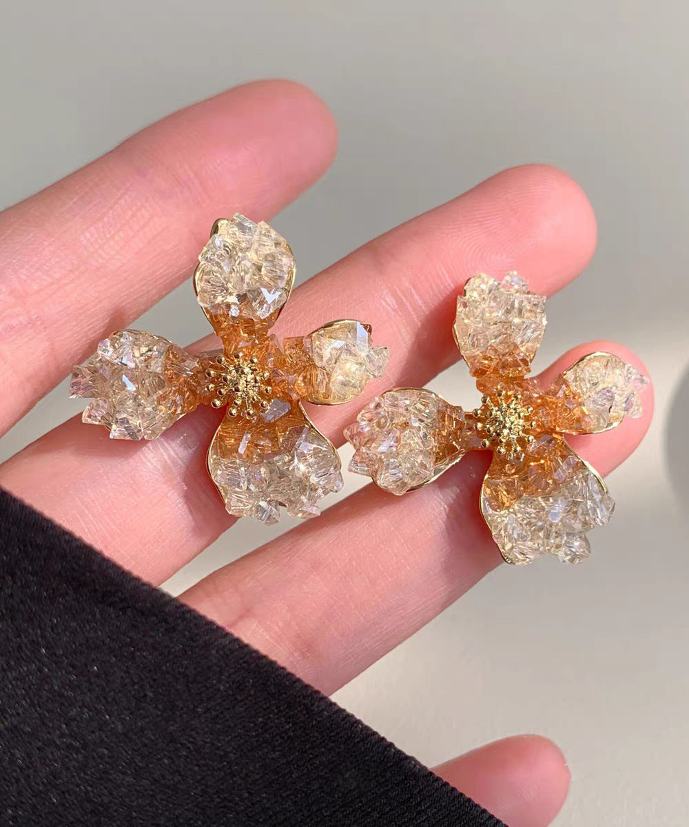 Unique Black Copper Overgild Crystal Floral Stud Earrings