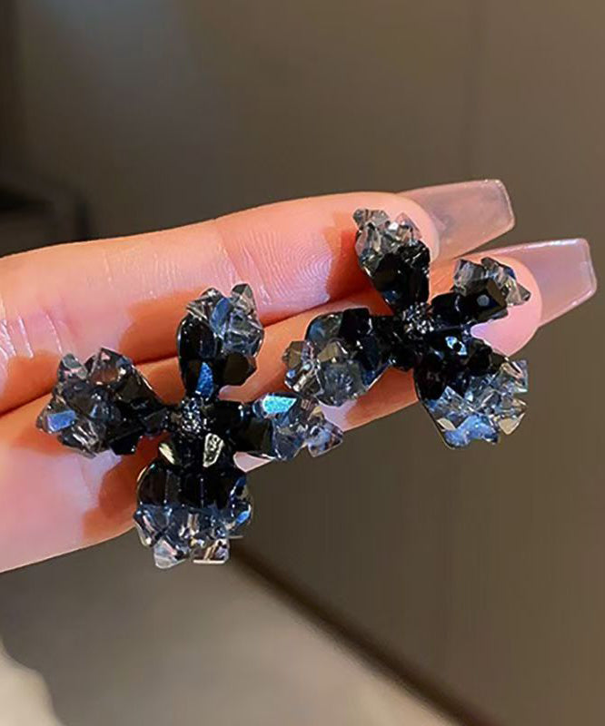 Unique Black Copper Overgild Crystal Floral Stud Earrings