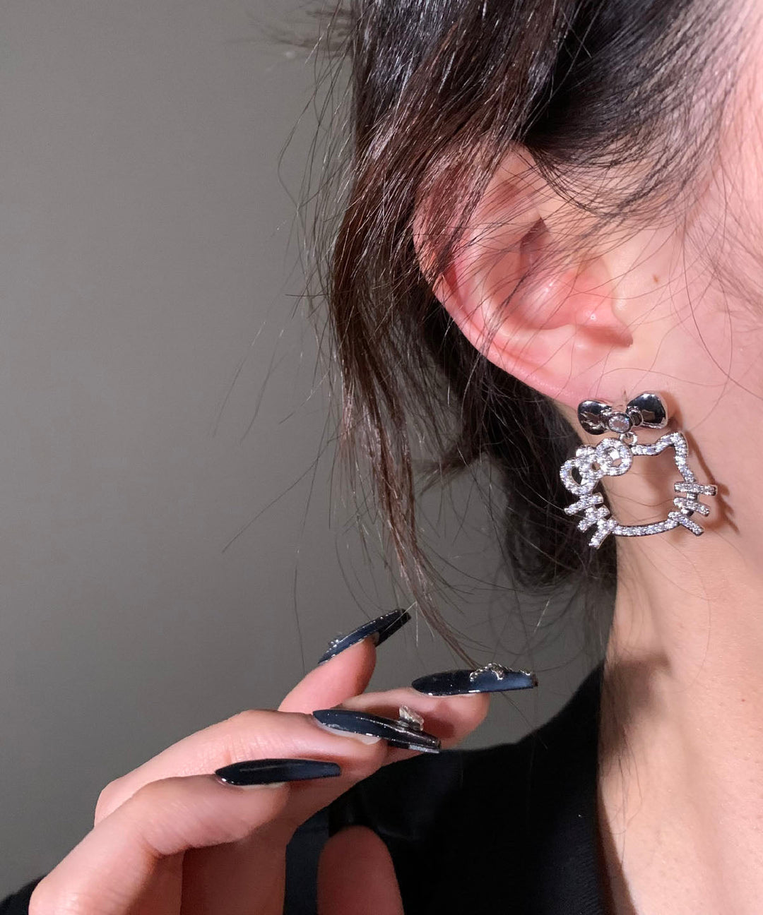 Unique Black Copper Zircon Bow Kitty Cat Stud Earrings