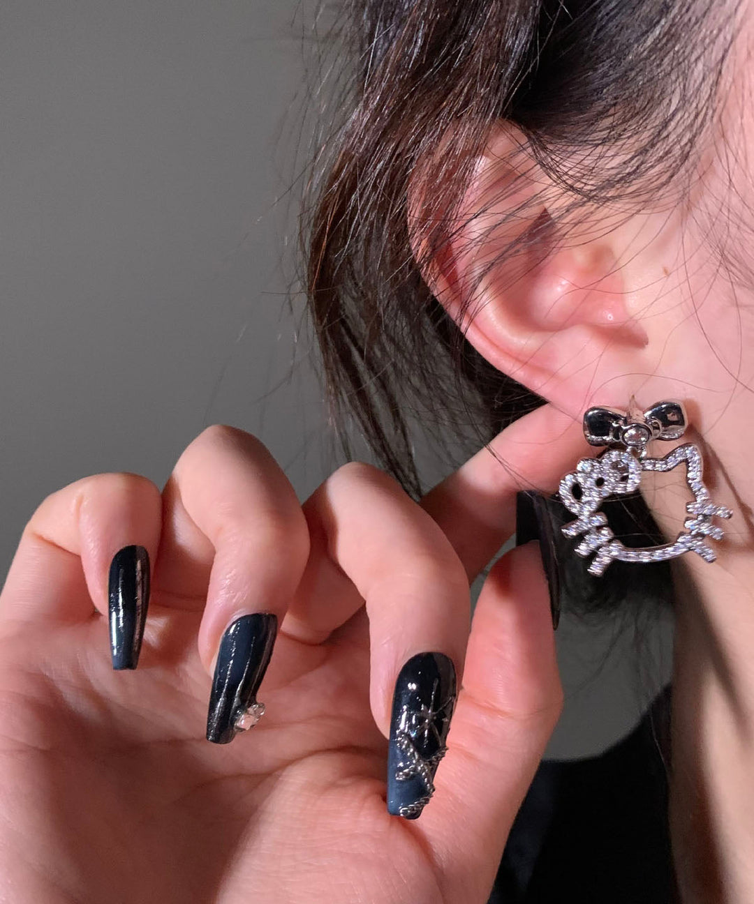 Unique Black Copper Zircon Bow Kitty Cat Stud Earrings