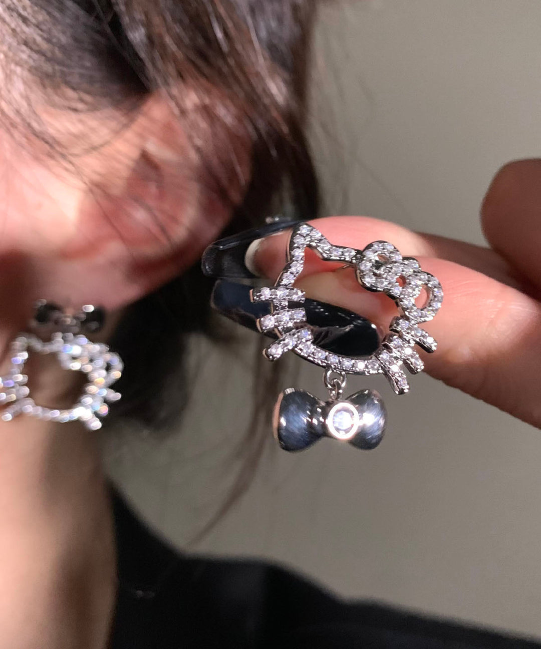 Unique Black Copper Zircon Bow Kitty Cat Stud Earrings