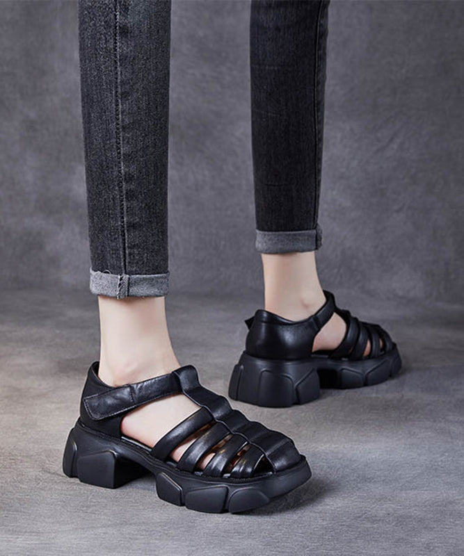 Unique Black Cowhide Leather Cross Strap Sandals