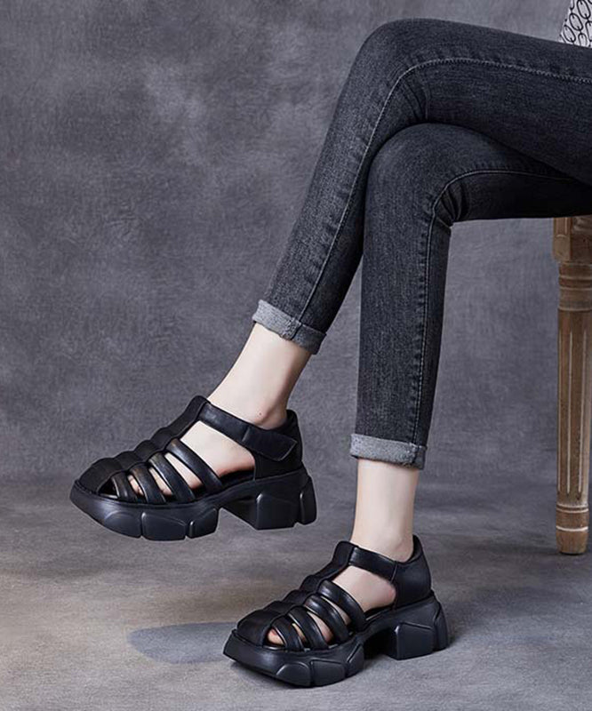Unique Black Cowhide Leather Cross Strap Sandals