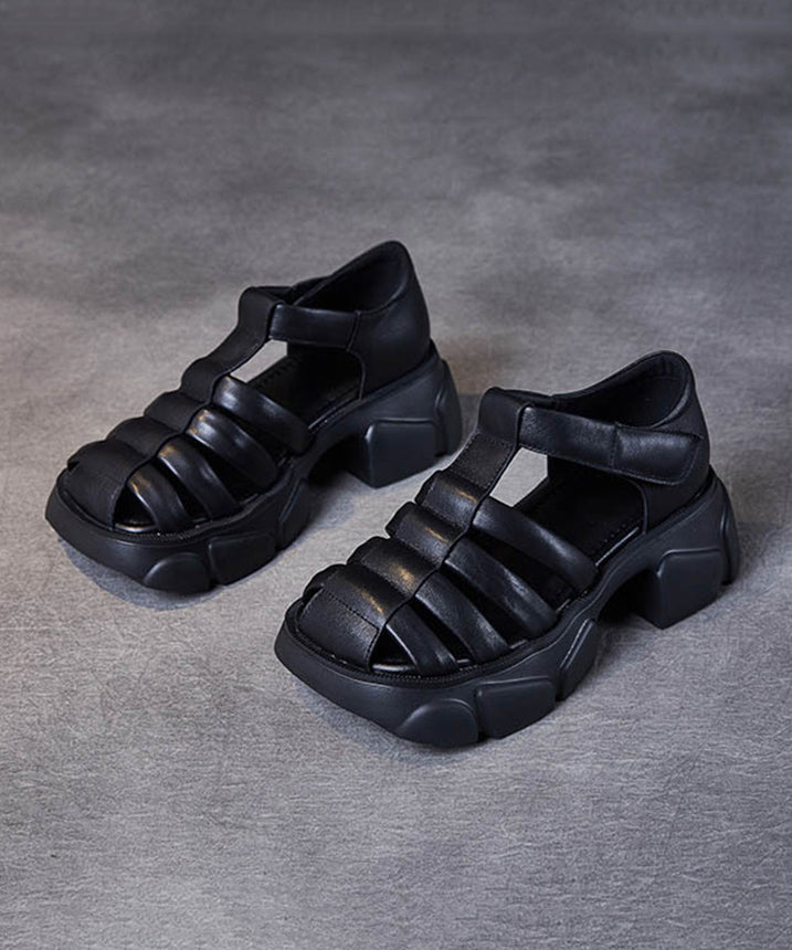 Unique Black Cowhide Leather Cross Strap Sandals