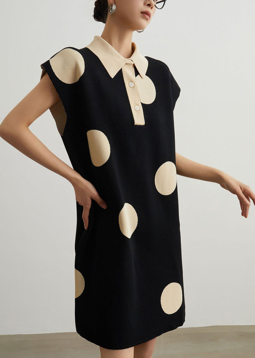 Unique Black Dot Peter Pan Collar Patchwork Knit Dresses Summer