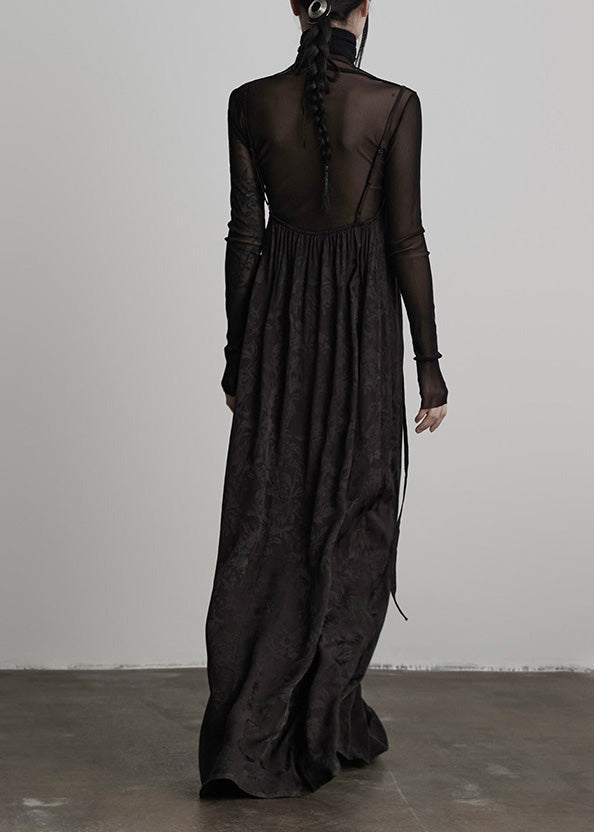 Unique Black Embroidered Lace Up Silk Spaghetti Strap Dress Fall